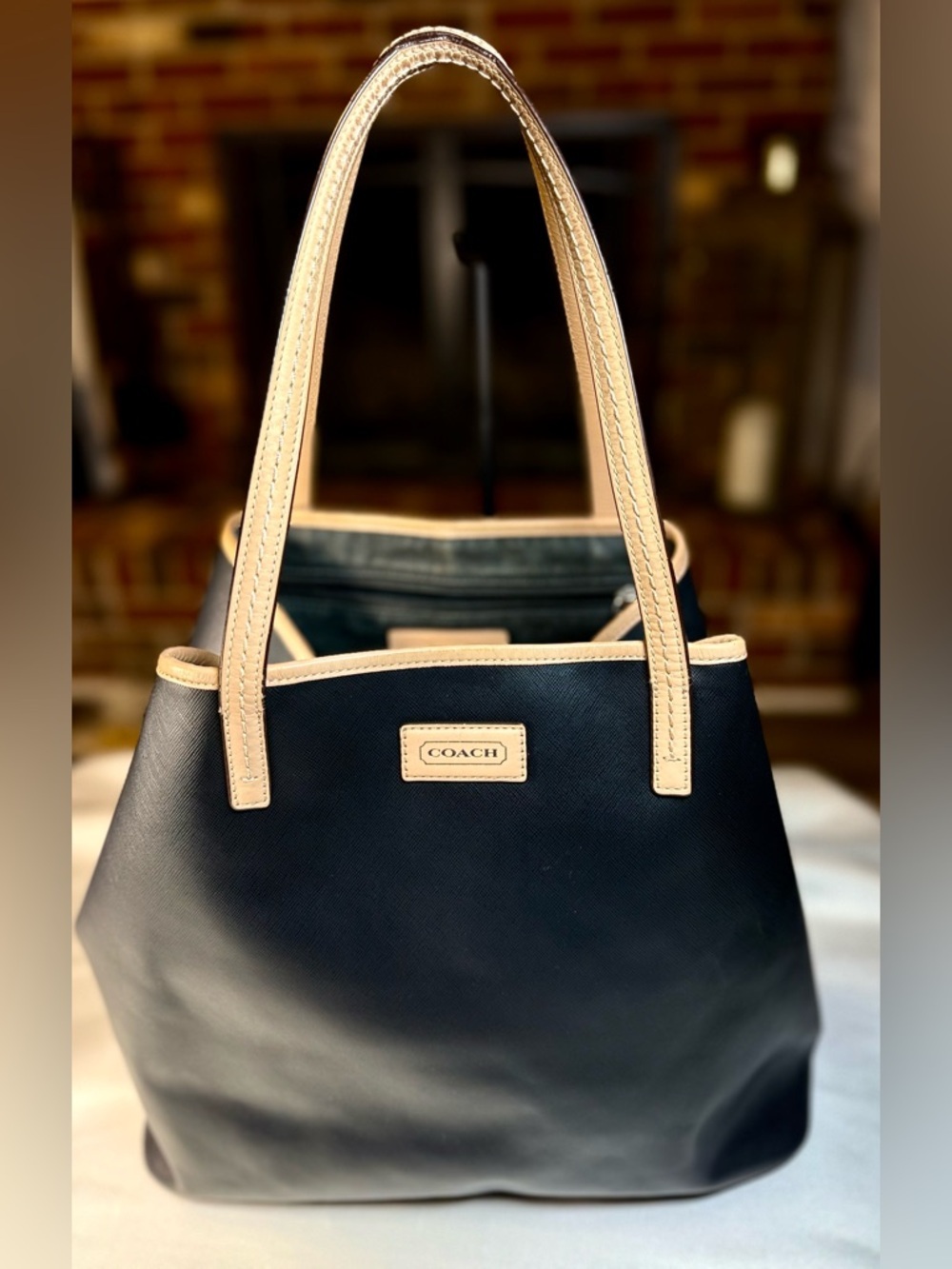 Coach Peyton Signature Tote in Black Canvas and Leather Tan Accents